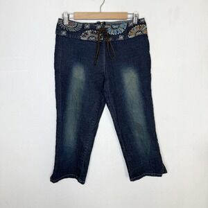 Y2K Solo Jeans Embroidered Denim Capris Lace Up Women's 8 Floral Hippie‎ Boho